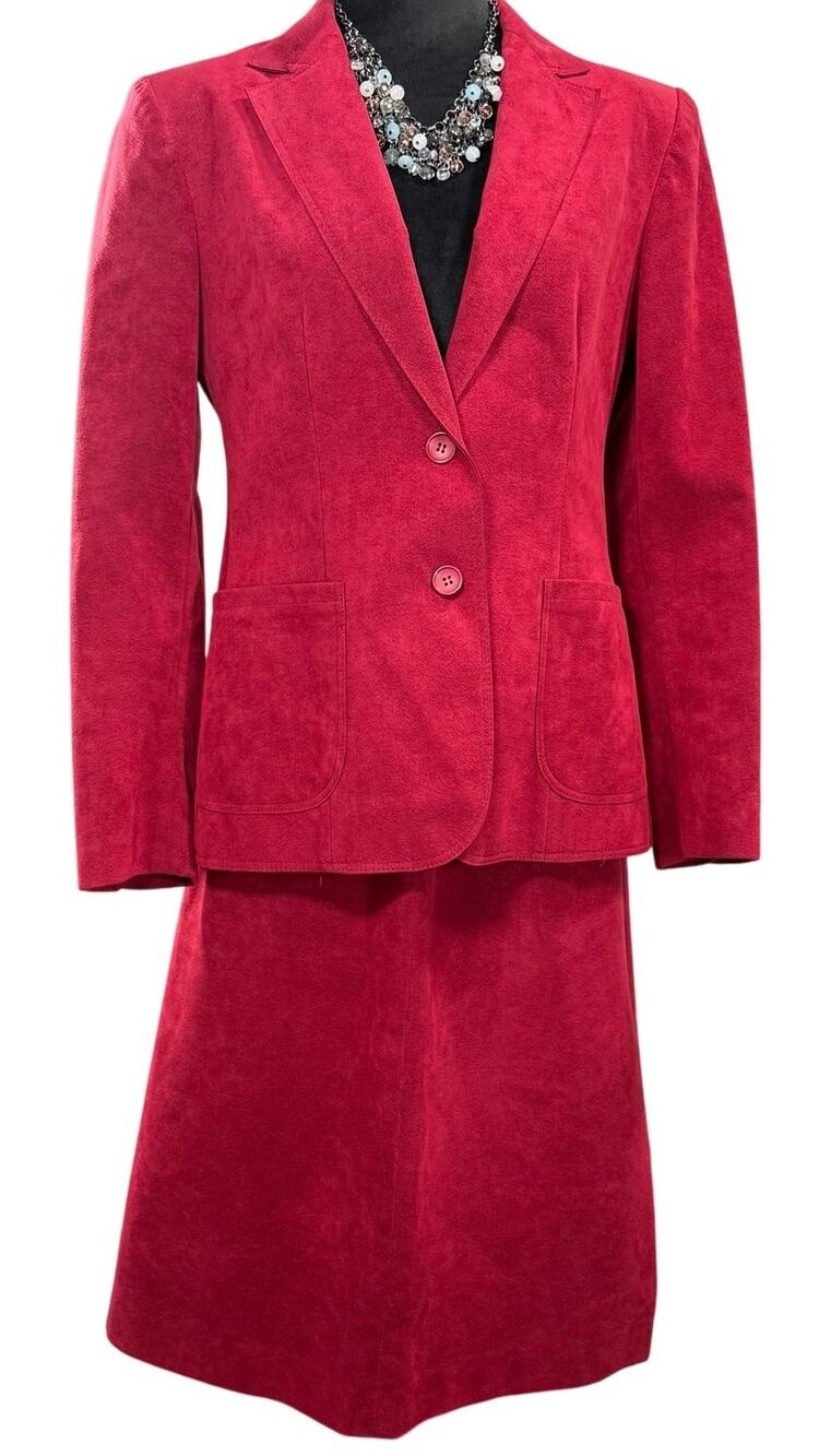 Vintage 70s Women's Medium Skirt Suit Lilli Ann Ultrasuede Fuchsia Red Union